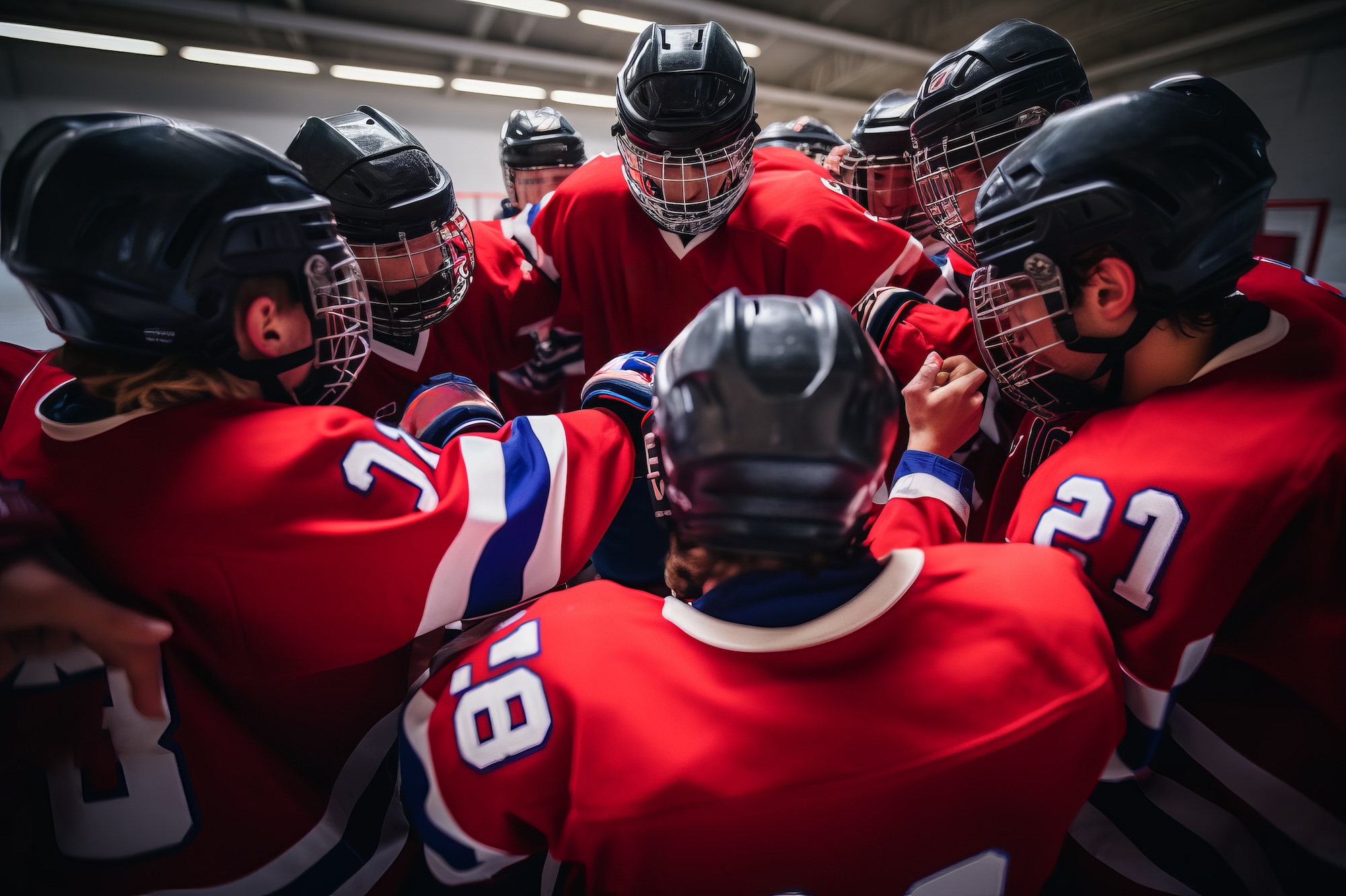 High school hockey team with teenage boys holding hands in a huddle